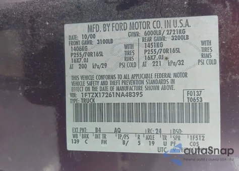 2001 Ford F-150 Xl/Xlt z USA, uszkodzony, nr VIN 1FTZX17261NA48395